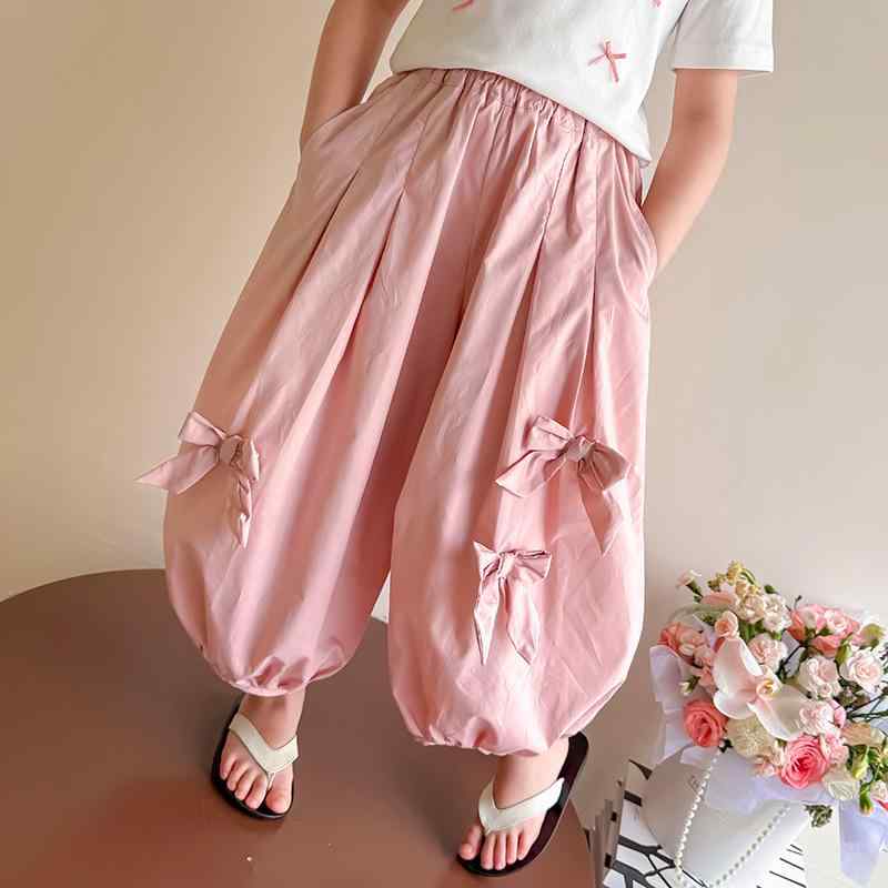 キッズ 女の子 ベビー 防蚊 九分丈 ゴムウエスト カジュアル パンツ ポリエステル ゆったり 春夏 かわいい おしゃれ 部屋着 ボトムス 3歳から8歳向け 柔らか素材 ピンク 無地