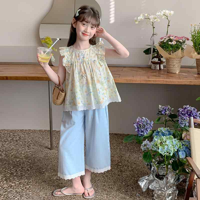 セットアップ 女の子 ジュニア 春夏 接触冷感 薄手 やわらか ノースリーブ 小花柄トップス ワイドパンツ ガウチョパンツ 9分丈 2点セット 韓国子供服 おしゃれ ルームウェア お出かけ