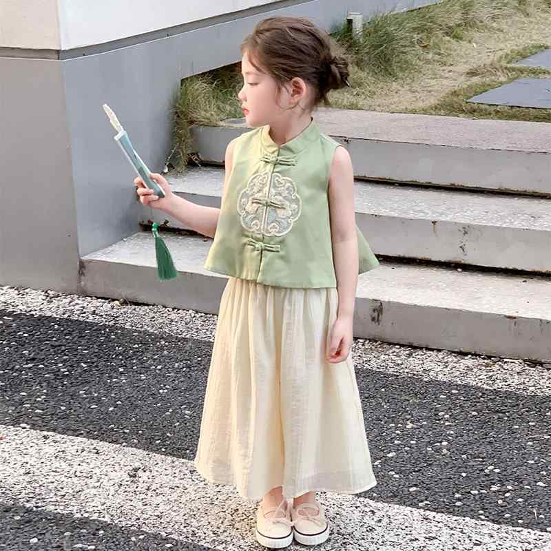 漢服 女の子 ガールズ 春夏 中国風 レトロスタイル 上下2点セット 薄手 涼しい ノースリーブ 九分丈パ..