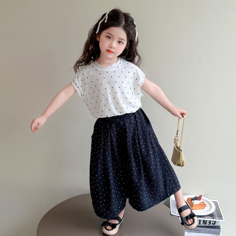 子供服 女の子 キッズ 夏 薄手 半袖 セットアップ 上下セット 2点セット 韓国風 おしゃれ かわいい 虫よけ ゆったり ワイドパンツ ガウチョパンツ お出かけ 通園 通学 カジュアル