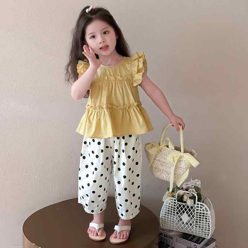 キッズ 女の子 夏用 薄手 防蚊 セットアップ フリルスリーブ 9分丈パンツ 2点セット 韓国子供服 綿混素材 柔らか 快適 カジュアル おしゃれ着