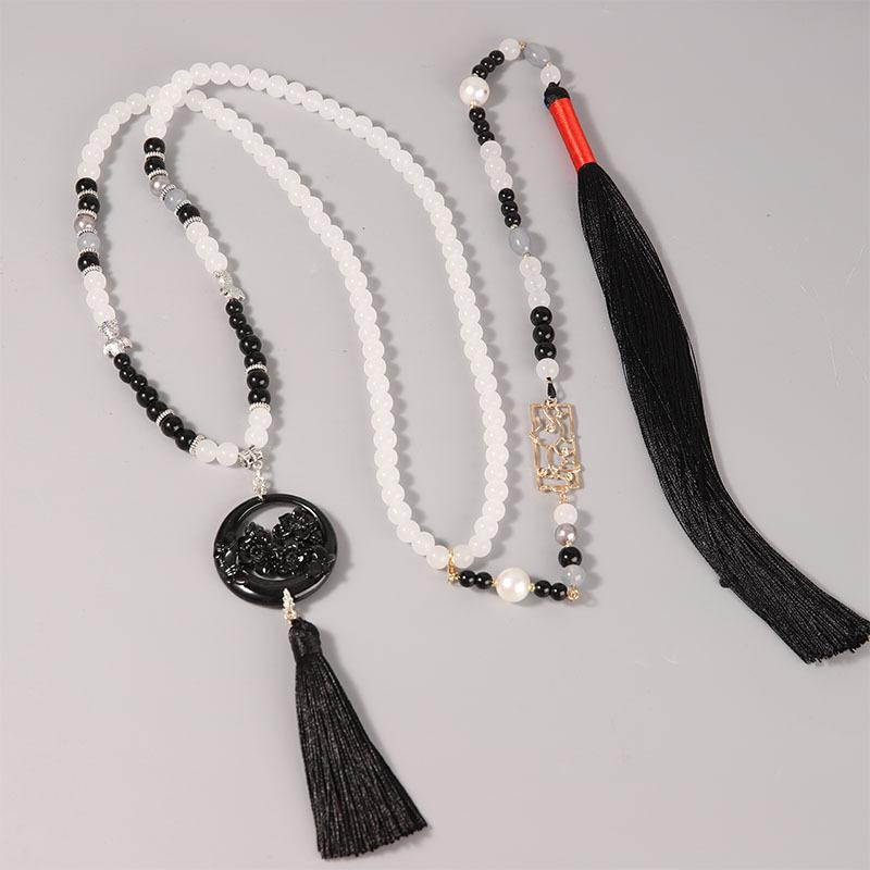 ネックレス レディース 漢服 瓔珞 黒色 クール 古風 ロング タッセル 明代風 瑞雲モチーフ 人工クリスタル アクリル オリジナルデザイン 多層 丸珠チェーン 民族風