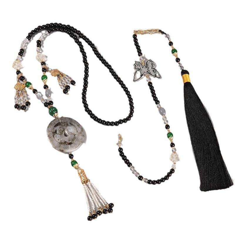 ロングネックレス レディース ネオチャイニーズスタイル 瓔珞 瑠璃製 ブラック 古風 明朝風 漢服 馬面スカート アクセサリー フリンジ 模造玉ペンダント