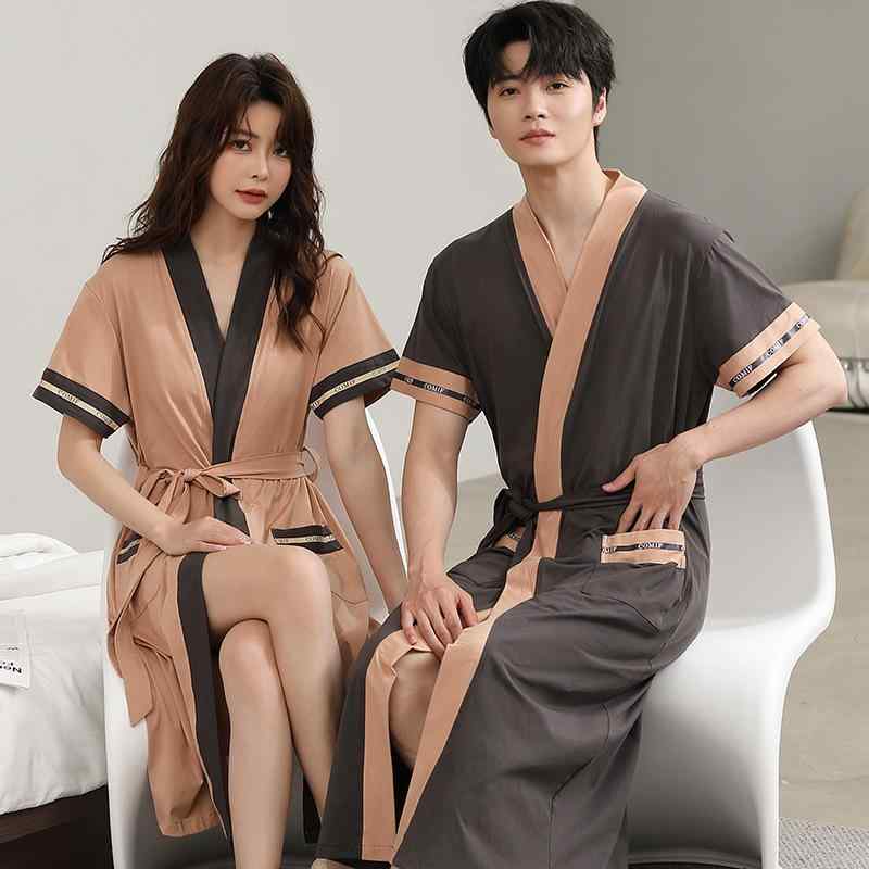 ガウン メンズ レディース 接触冷感 半袖 綿100% 薄手 ゆったり 大きいサイズ 高級感 カップル ペア 部屋着 ルームウェア バスローブ ホテルスパ 春夏