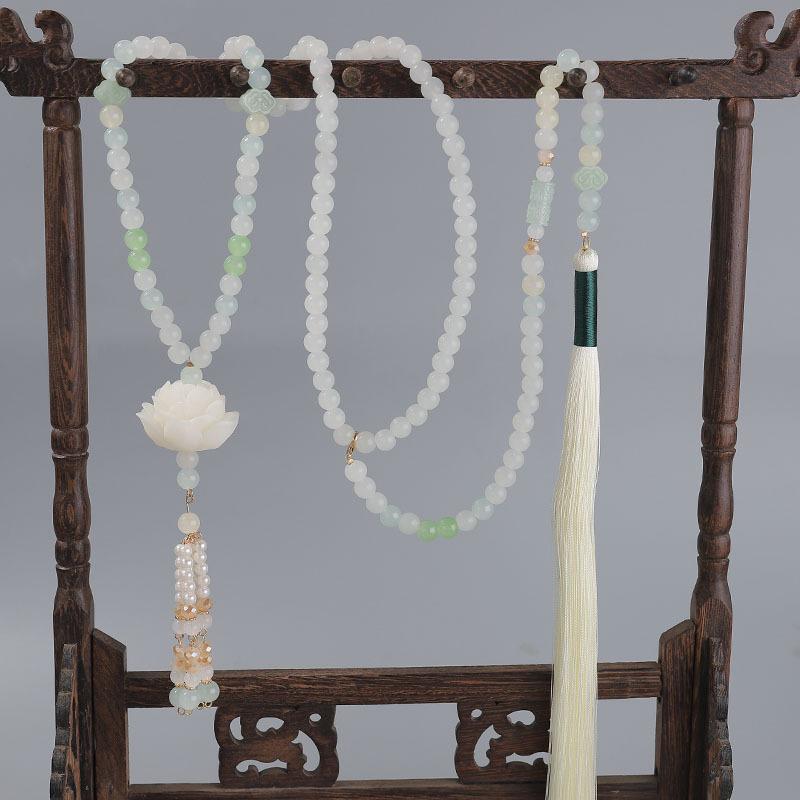 ネックレス ユニセックス 蓮の花 瓔珞 フェイクパール アクリル 新中華風 古風 漢服 馬面スカート向け 背雲 タッセル ハンドメイド