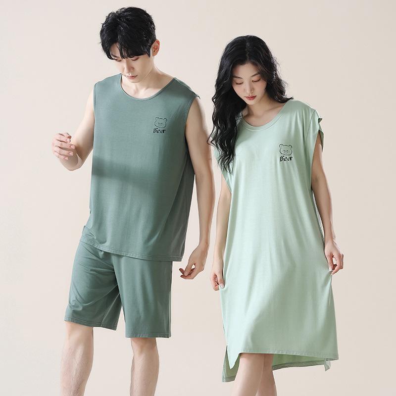 ルームウェア カップル メンズ レディース 接触冷感 再生繊維 ノースリーブ ワンピース ベスト カップ付き パジャマ 部屋着 ワンマイルウェア 薄手 韓国風 春夏 快適 通気性