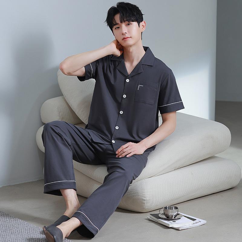 パジャマ メンズ 接触冷感 通気性抜群 伸縮性 薄手 純綿 前開き 襟付き 七分袖 長パンツ 上下セット 部屋着 ルームウェア おうち時間 ワンマイルウェア 高級感 夏用 シンプル カジュアル