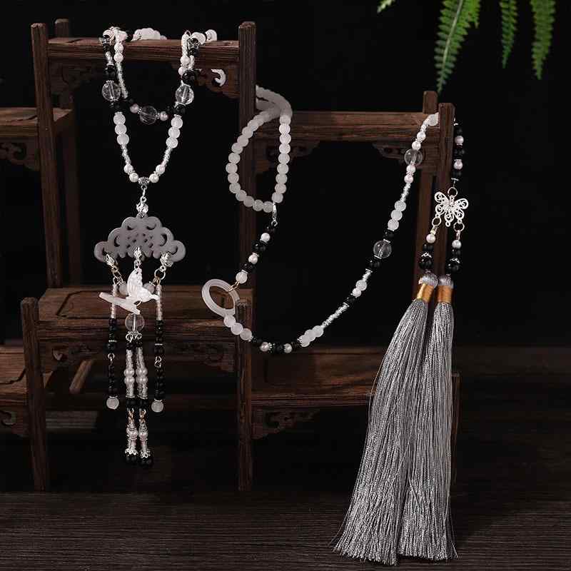 ネックレス 男女兼用 ハンドメイド 琉璃 ガラス製 瓔珞 背面飾り ロングタッセル ペンダント 花モチーフ 新中華風 古風 明代様式 漢服 馬面スカート 民族風 レトロ