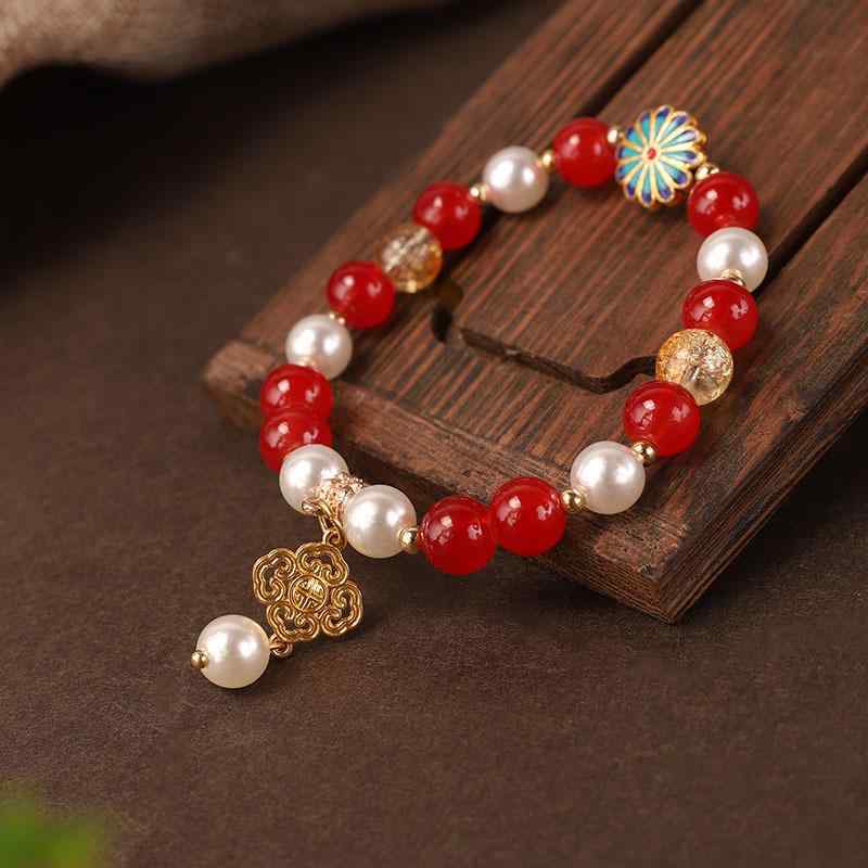 ブレスレット レディース 中国風 ネオチャイニーズ レトロ 赤いガラスビーズ フラワーモチーフ お守り ..