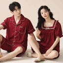 パジャマ レディース メンズ 結婚 新婚 ペア 薄手 通気性 快適 涼しい 綿100% 半袖 ショートパンツ ルームウェア 部屋着 2点セット 赤 レッド 夏用 スクエアネック かわいい
