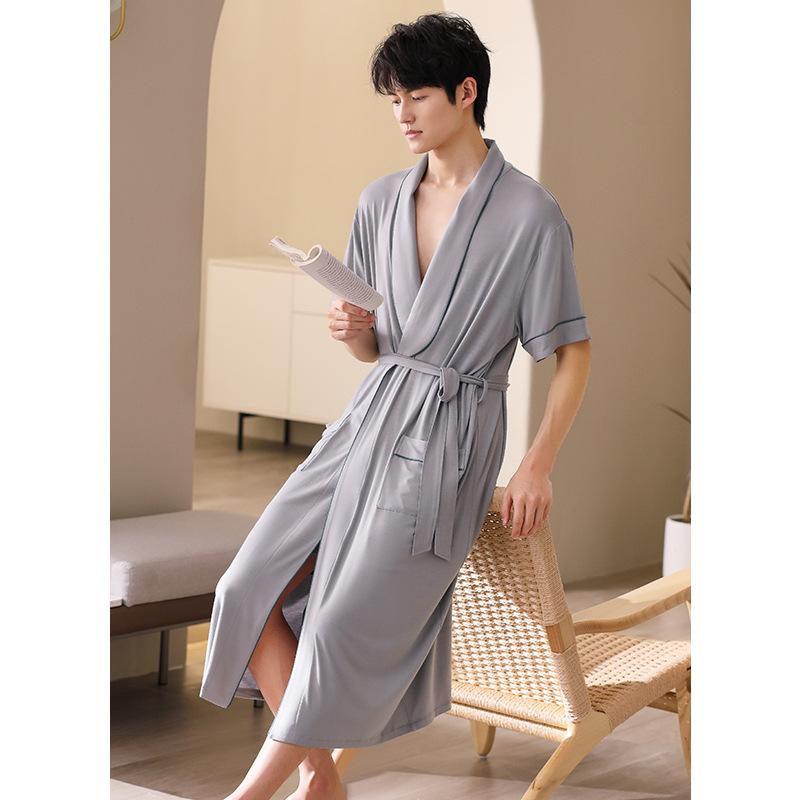 ナイトガウン メンズ 接触冷感 モダール 薄手 半袖 Vネック ミドル丈 バスローブ ルームウェア 部屋着 お風呂上がり ゆったり 快適 シンプル カジュアル 高級感 春夏