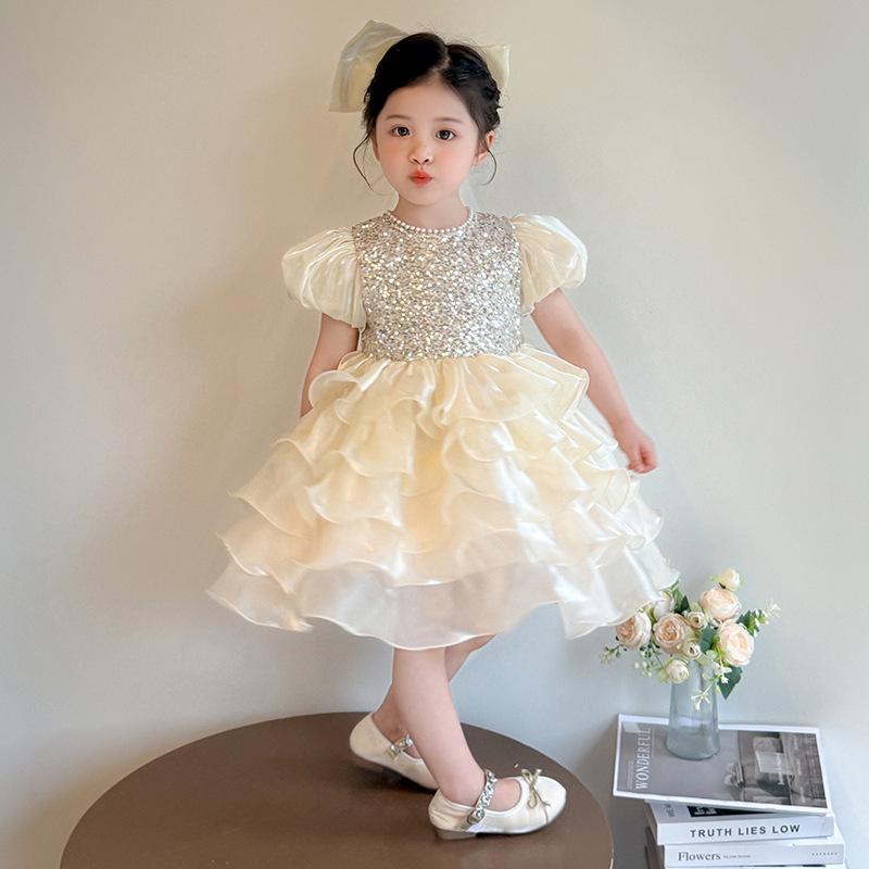 キッズ 女の子 ガールズ プリンセスドレス フォーマル ワンピース 結婚式 発表会 誕生日 バースデー パーティー 半袖 ふわふわ チュール ティアード フリル リボン 夏物 ポリエステル かわいい おしゃれ