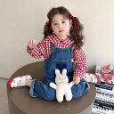 キッズ 女の子 春秋 韓国風 チェック柄 プルオーバー ブラウス デニム サロペット 長袖 柔らか素材 通園 通学 普段着 小学生 ジュニア 2点セット