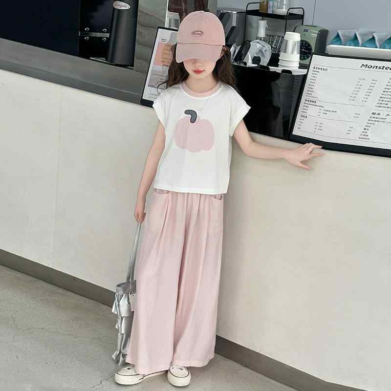 Tシャツ&パンツセット キッズ ガールズ 薄手 涼しい 綿混 半袖 Tシャツ ワイドパンツ 韓国風 カジュアル お出かけ 通学 部屋着 普段着 ゆったり 2点セット 小学生 中学生 女児