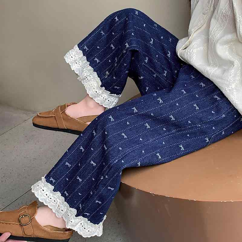 キッズ 女の子 デニム ワイドパンツ 春秋 フリル ウエストゴム ミドルウエスト カジュアル 柔らか素材 ..