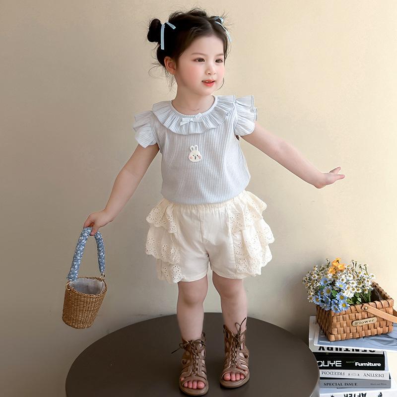 キッズ 女の子 接触冷感 涼しい 薄手 柔らかい 韓国子供服 森ガール風 襟付き フリル袖 トップス ショートパンツ 上下セット 無地 夏服 カジュアル 普段着