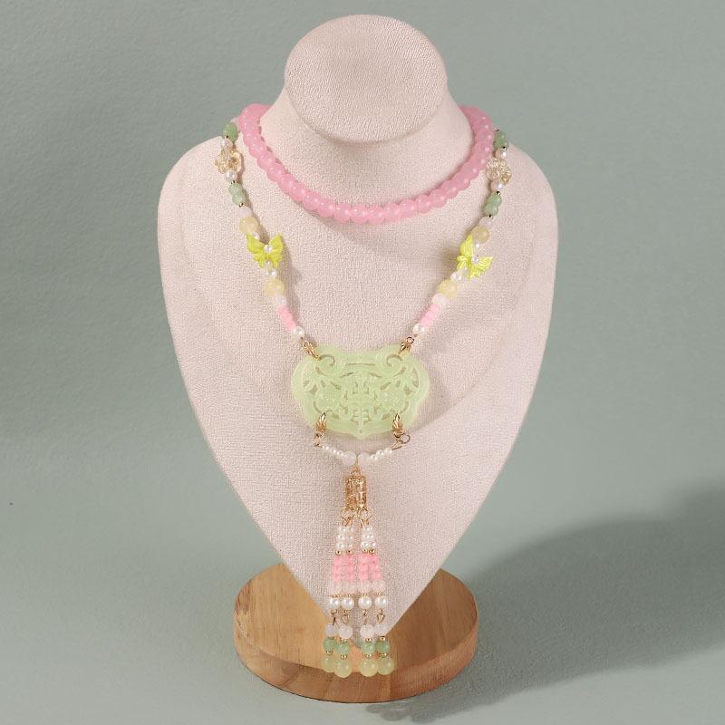 レディース ネックレス 新中国風 古風 瓔珞 漢服 馬面スカート 背雲 タッセル 平安鎖 手作り 琉璃 ロング ラウンドビーズチェーン ピンク 春夏