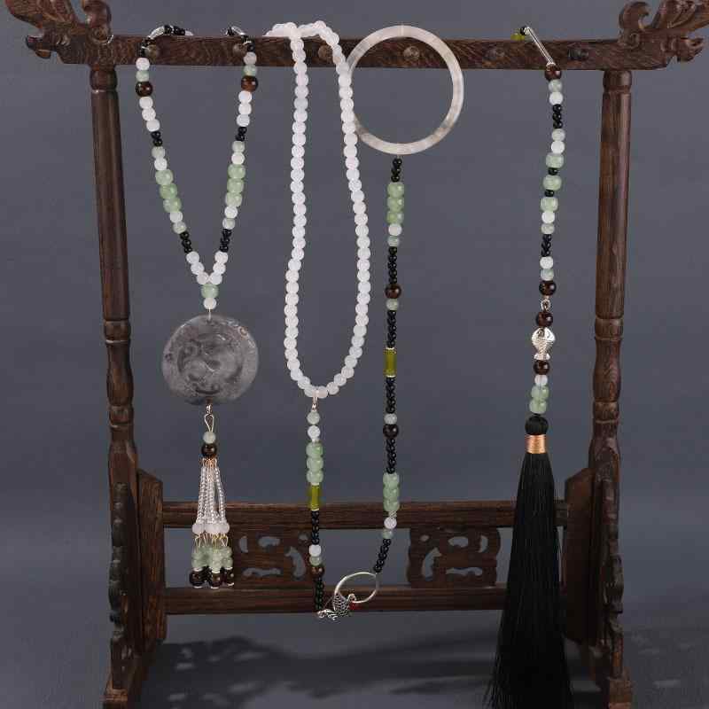 ネックレス 男女兼用 民族風 ネオチャイニーズスタイル 瓔珞 背雲 タッセル 琉璃製 手作り 丸玉チェーン ロング丈 漢服アクセサリー 馬面スカート 吉祥文様