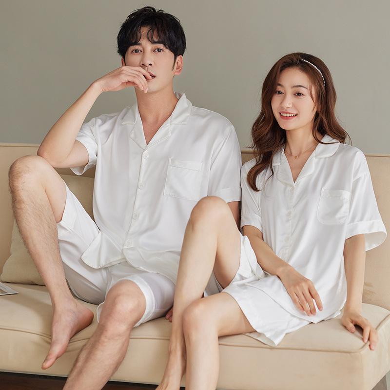ルームウェア メンズ レディース 接触冷感 薄手 通気性 半袖 パジャマ カップル ペア 無地 シルク調 シンプル カジュアル 春夏 部屋着 ワンマイルウェア ホワイト