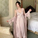 ルームウェア レディース 女性用 接触冷感 胸パッド付き フレンチスタイル ネグリジェ スリップ キャミソールワンピース ガウン ローブ 長袖 ロング丈 2点セット ツーピース 高級感 春夏用 パジャマ 部屋着