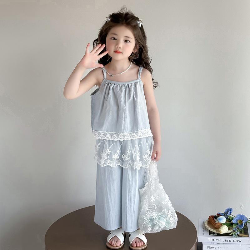 パンツ セットアップ キッズ 女の子 ガールズ ベビー キャミソール ワイドパンツ 2点セット 韓国ファッション 夏服 薄手 柔らかい 肌触り ノースリーブ ゆったり 無地 9分丈 ルームウェア 部屋着 カジュアル