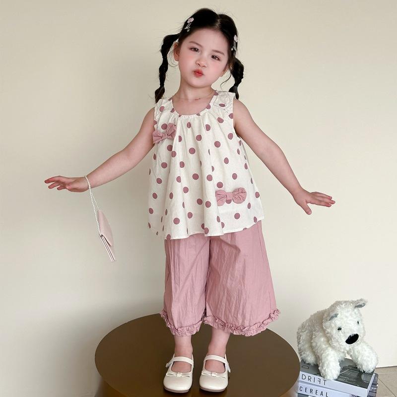 キッズ セットアップ 女の子 ベビー 春夏 薄手 柔らか ノースリーブ 九分丈 ワイドパンツ ガウチョパンツ 韓国風 カジュアル ドット柄 綿混 コットン ピンク ブルー 普段着 部屋着 お出かけ 通園 通学 ツーピース