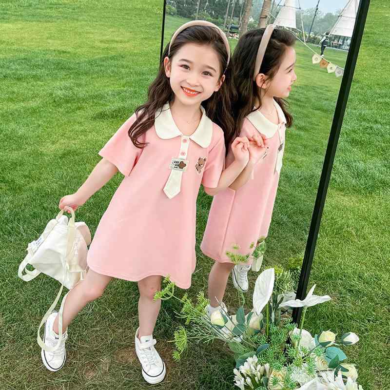 ワンピース キッズ 女の子 ベビー ポロシャツ くま柄 ネクタイ付き 学院風 スクールテイスト かわいい おしゃれ 半袖 フレアスカート ポリエステル素材 通学 普段着 お出かけ 夏服 ピンク ベージュ 3歳 4歳 5歳 6歳 7歳 8歳