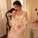 パジャマ レディース 接触冷感 胸パッド付き キャミソール レース ロング丈 2点セット 長袖 ガウン ルームウェア ナイトドレス ワンマイルウェア 外出着 春夏秋 ポリエステル エレガント