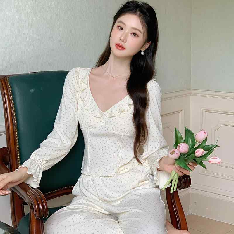 楽天モズラボパジャマ レディース 薄手 快適 長袖 ロングパンツ フレンチスタイル プリンセス風 モダール レーヨン混 セットアップ 秋 ルームウェア 部屋着 ワンマイルウェア