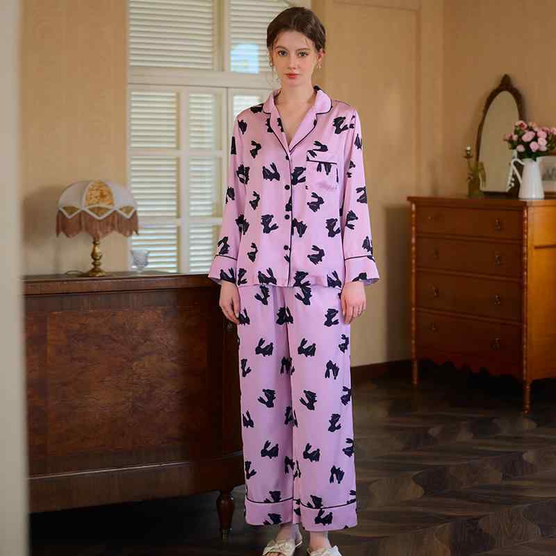 楽天モズラボパジャマ レディース 春夏 長袖 ロングパンツ サテン プリント 高級感 シンプル カジュアル ルームウェア 快適 部屋着 寝巻き 薄手 ポリエステル サラサラ リラックスウェア