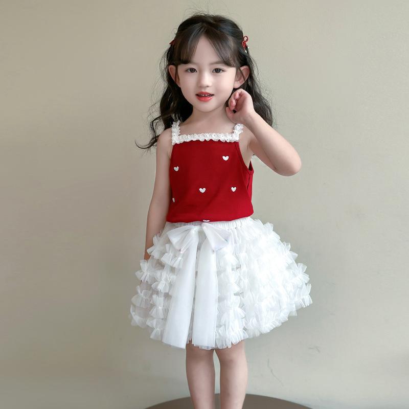キッズ 女の子 スカートセット ノースリーブ トップス ティアードスカート 赤 2点セット 韓国子供服 夏 おしゃれ かわいい 薄手 接触冷感