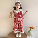 キッズ ガールズ 夏服 ノースリーブ 薄手 柔らか 綿混素材 チェック柄 タンクトップ ワイドパンツ 上下セット カジュアル お出かけ 普段着 9分丈パンツ 赤
