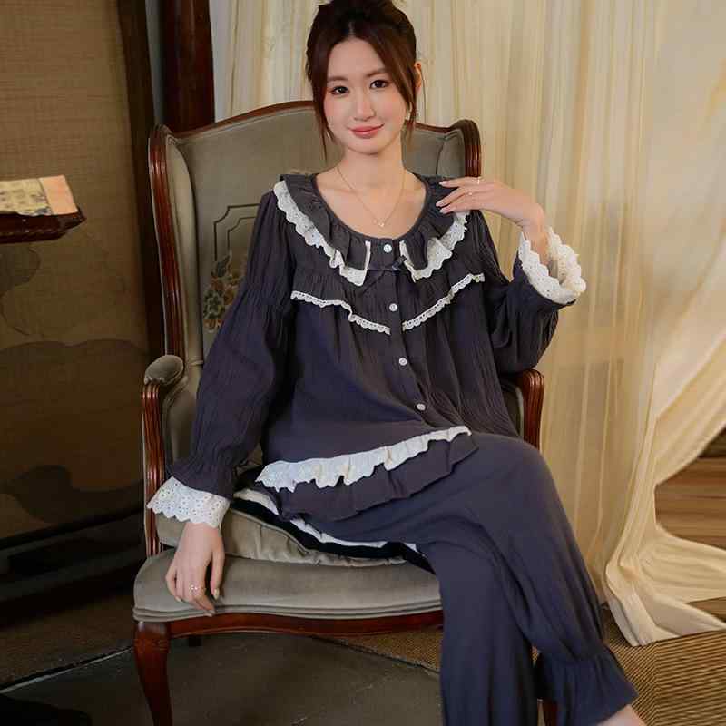 楽天モズラボパジャマ レディース ルームウェア ナイトウェア 薄手 綿100％ フレンチスタイル 長袖 長パンツ ラウンドネック 春秋 部屋着 上下セット かわいい 快適 おしゃれ