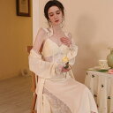 ルームウェア レディース 接触冷感 パジャマ 2点セット 春夏 フレンチスタイル セクシー キャミソールワンピース 長袖 純欲風 ロング丈 部屋着 ポリエステル素材 アイボリー