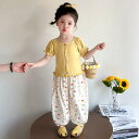 セットアップ 女の子 キッズ 虫よけ 防蚊 薄手 半袖 パフスリーブ 九分丈パンツ 夏服 韓国風 おしゃれ カジュアル 綿混素材 柔らかな肌触り 2点セット 部屋着 普段着 お出かけ サマーウェア