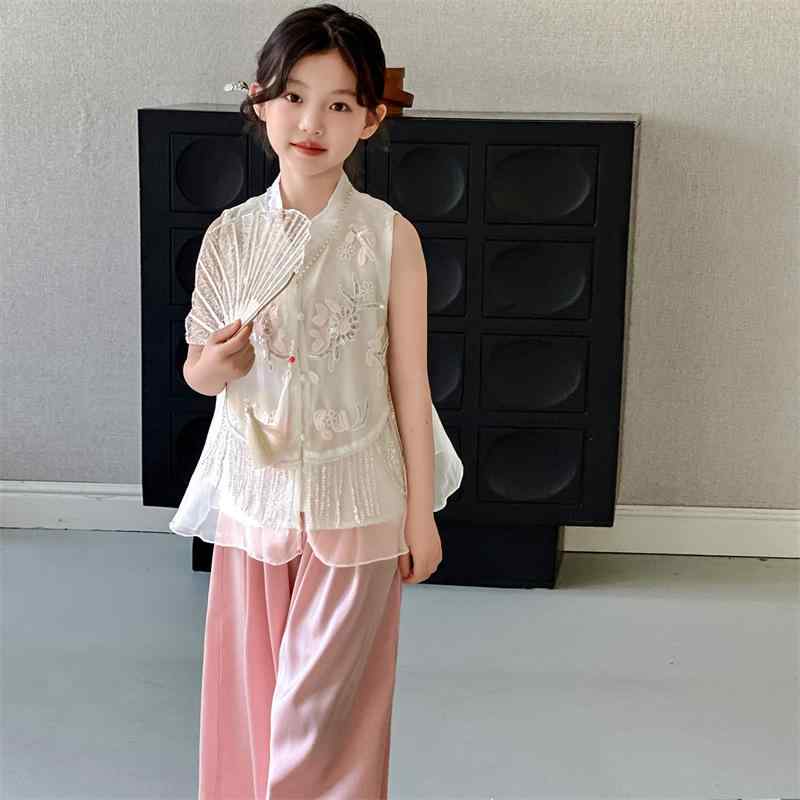セットアップ キッズ 女の子 ジュニア 新中華風 ノースリーブ 開襟シャツ ワイドパンツ 2点セット 夏物 薄手 軽量 涼しい ポリエステル素材 ピンク ブルー 通学 普段着 お出かけ