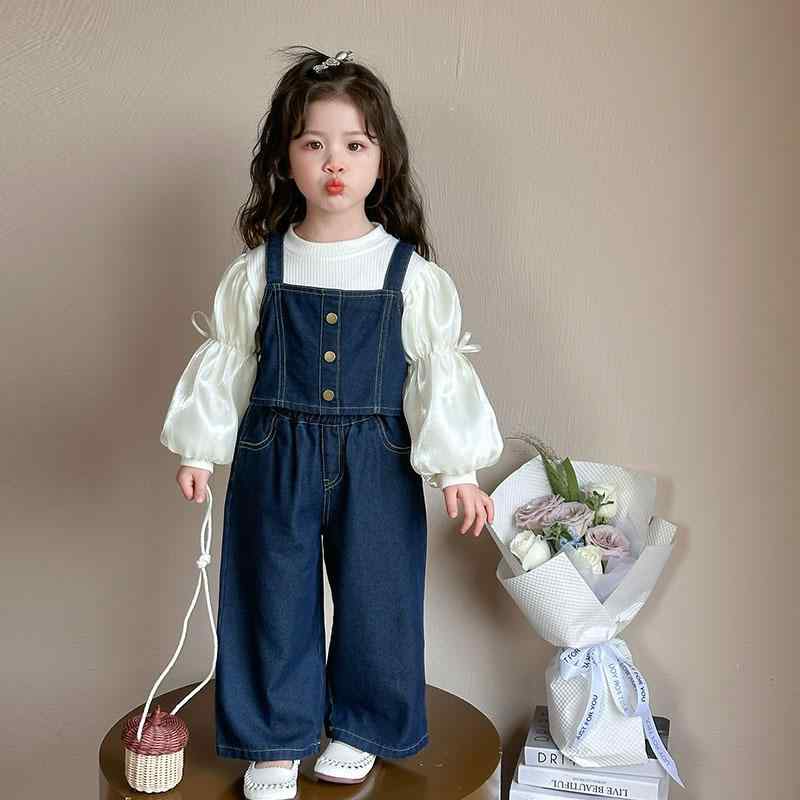 セットアップ キッズ 女の子 女児 春秋 柔らか素材 長袖 インナーシャツ デニム ロングパンツ 3点セッ..