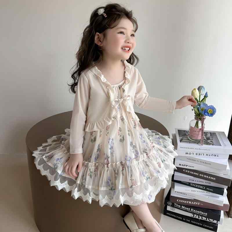 ワンピースセット 女の子 キッズ UVカット 日焼け対策 長袖 カーディガン 小花柄 キャミワンピース 柔らか 薄手 かわいい カジュアル 2点セット 夏