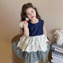 ワンピース 女の子 キッズ 夏 ノースリーブ 小花柄 チェック柄 切り替え ティアード プリンセスドレス 綿混 肌触り良い ナチュラル