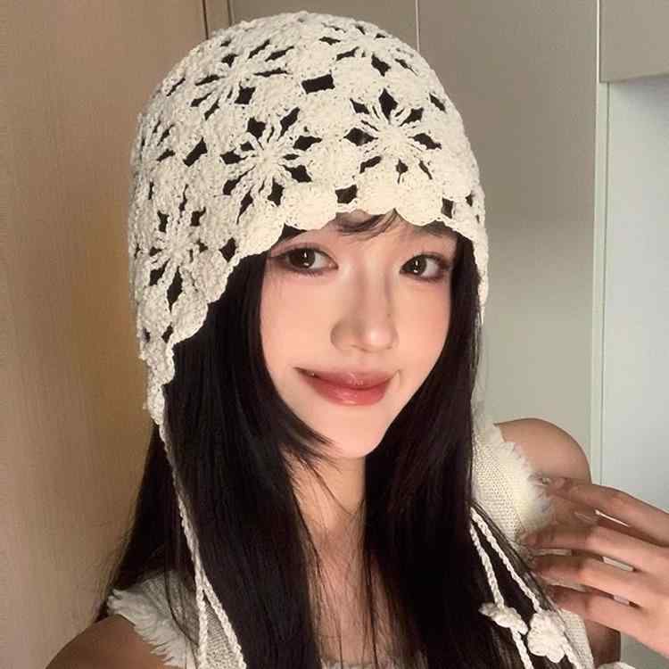 ニット帽 レディース 春夏 手編み かぎ針編み 透かし編み 花柄 薄手 通気性 日よけ 日焼け防止 フリン..