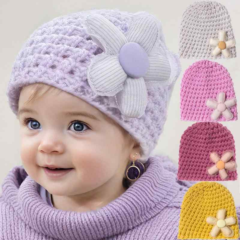 ニット帽 ベビー 赤ちゃん 厚手 保温 防風 つばなし かわいい 花柄 秋冬用 ポリエステル製 万能 ミントグリーン ピンク イエロー パープル