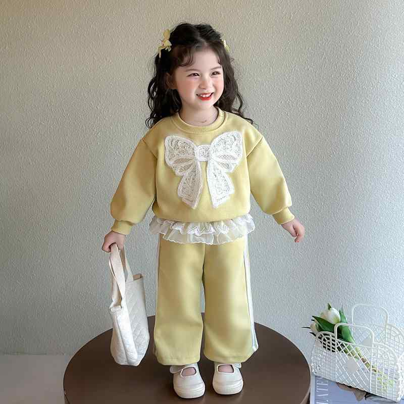 セットアップ キッズ 女の子 春秋 長袖 リボン フリル スウェット ソフトタッチ ストレートパンツ コットンブレンド 2点セット カジュアル 通園 部屋着 お出かけ ピンク グリーン