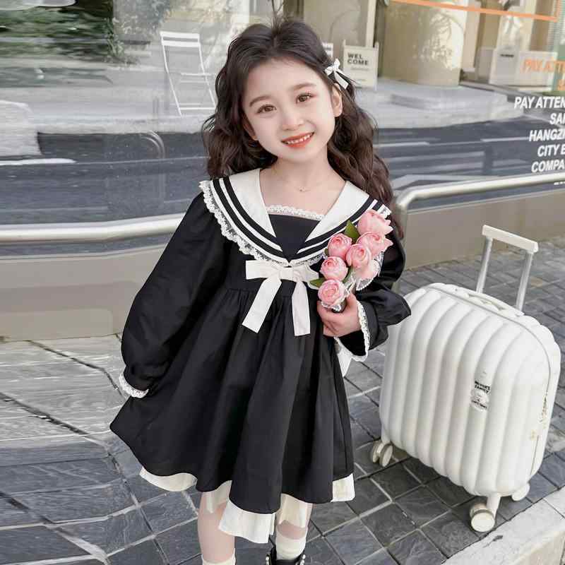 ワンピース キッズ 女の子 長袖 学院風 スクール風 コットン 綿素材 やわらか 無地 プリンセスライン ..