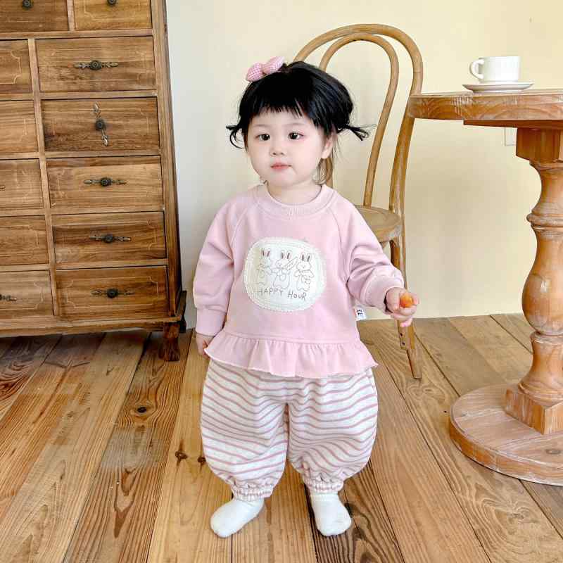 ベビー服 女の子 綿混素材 やわらか肌触り 長袖 プルオーバー 春秋 かわいい ストライプ柄 バルーンシルエット ロング丈 2点セット お出かけ 部屋着 ピンク 新生児 0歳 1歳