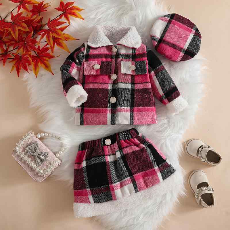 セットアップ ベビー服 女の子 3点セット 厚手 暖かい 柔らかい 秋冬 春 上品 チェック柄 ファー襟 ジャケット スカート ベレー帽 お出かけ フォーマル 普段使い ポリエステル素材