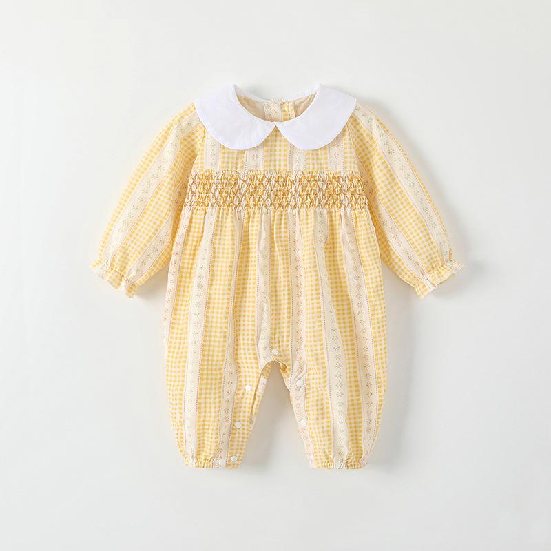 ロンパース 女の子 ベビー服 新生児 0-3ヶ月 前開き ドールカラー 長袖 スモッキング 日系スタイル 外..