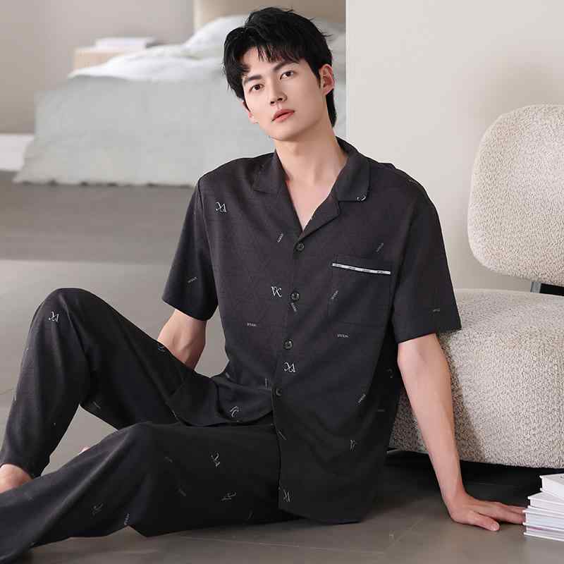 パジャマ メンズ 通気性 快適 涼しい 伸縮性 春夏 薄手 綿 半袖 ロングパンツ 開襟 ゆったり 大きいサイズ セットアップ ルームウェア 部屋着 ワンマイルウェア カジュアル 高級感