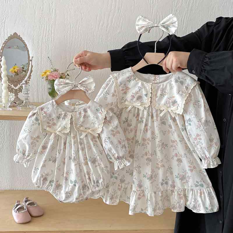 ベビー 女の子 ロンパース ワンピース 綿100% 肌に優しい 長袖 襟付き プリンセス スクール風 花柄 姉..