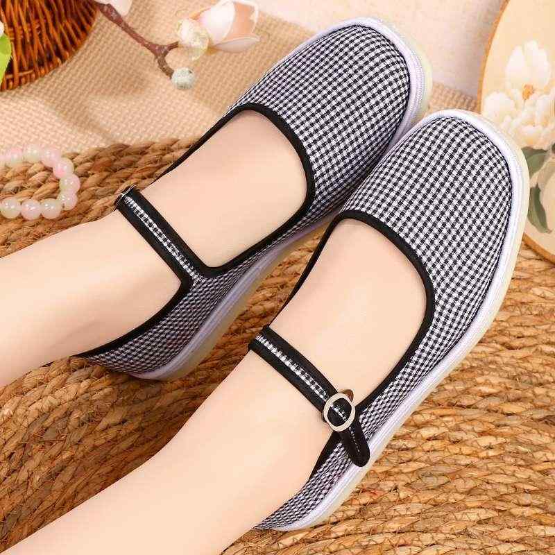 布シューズ レディース 春夏 通気性 吸汗性 滑り止め ラバーソール ソフトソール 多層ソール 手編み チェック柄 コットン素材 エスニック ママシューズ