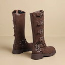 ブーツ レディース 本革 牛革 ロングブーツ 厚底 太ヒール ミドルヒール ウエスタンブーツ エンジニアブーツ ラウンドトゥ メタルバックル シークレットヒール 通気性 プルオン